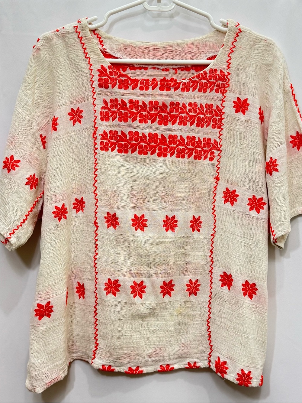 Linen Cream Tunic Top with Red Floral Embroidery M/L